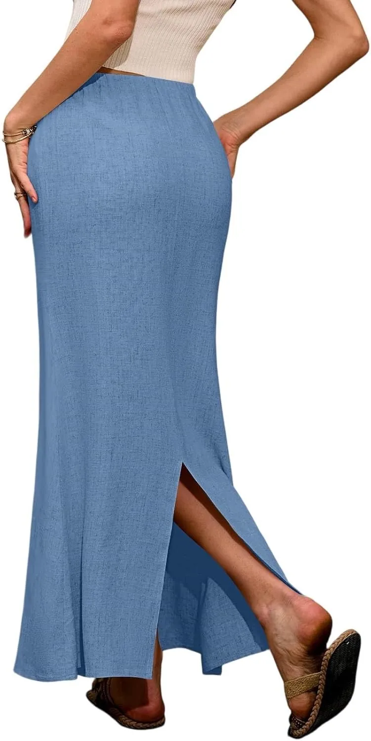Long Skirts for Women Summer Linen Maxi Skirt Back Slit High Waisted A-Line Skirts Beach Drawstring Flowy Skirts
