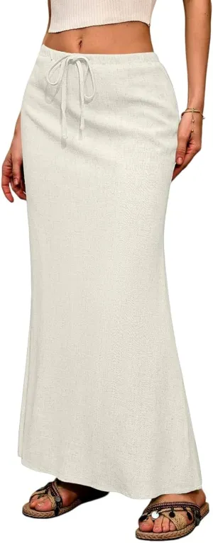 Long Skirts for Women Summer Linen Maxi Skirt Back Slit High Waisted A-Line Skirts Beach Drawstring Flowy Skirts