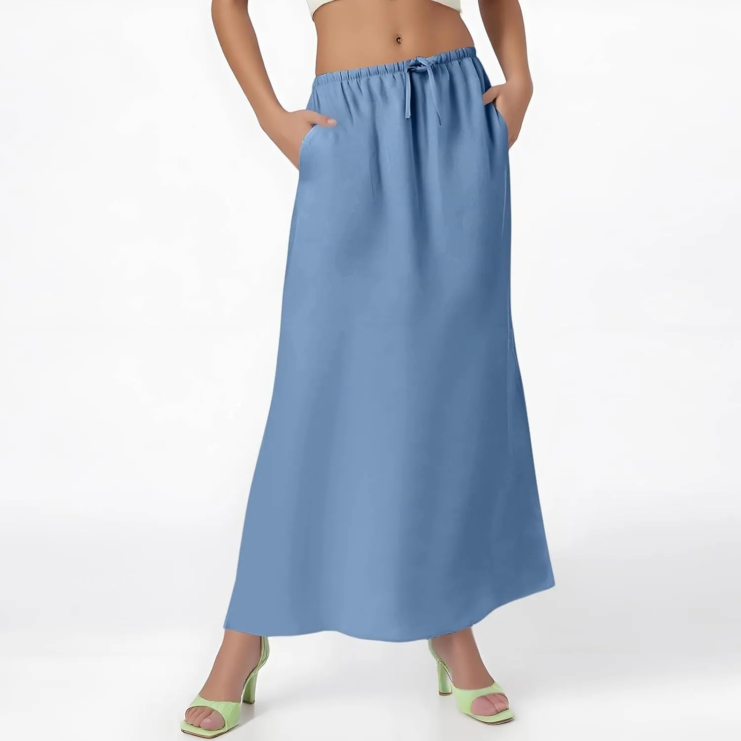 Long Skirts for Women Summer Linen Maxi Skirt Back Slit High Waisted A-Line Skirts Beach Drawstring Flowy Skirts