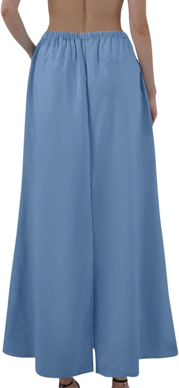 Long Skirts for Women Summer Linen Maxi Skirt Back Slit High Waisted A-Line Skirts Beach Drawstring Flowy Skirts