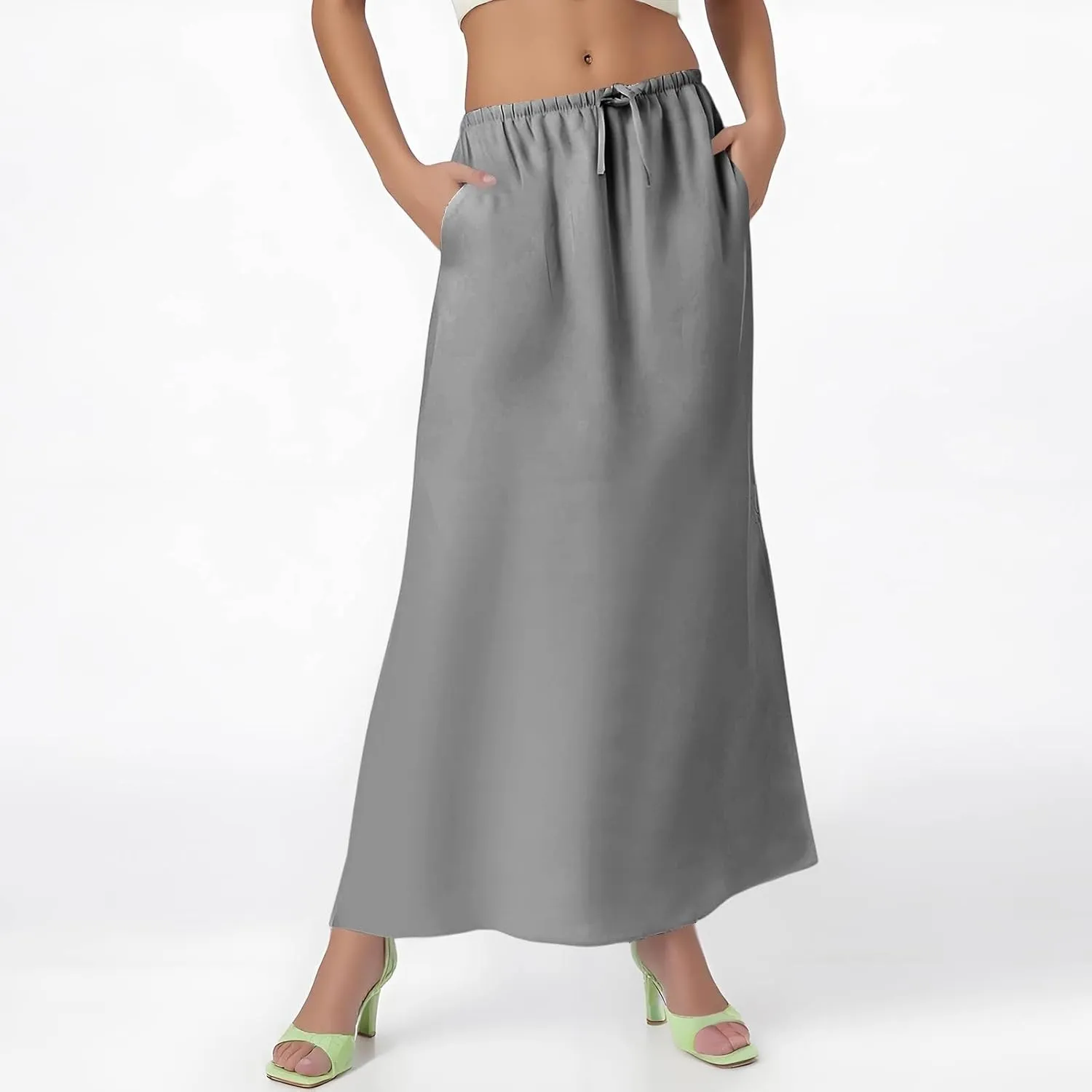 Long Skirts for Women Summer Linen Maxi Skirt Back Slit High Waisted A-Line Skirts Beach Drawstring Flowy Skirts