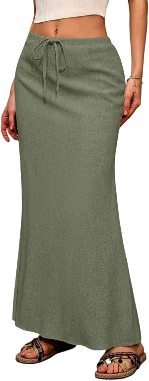 Long Skirts for Women Summer Linen Maxi Skirt Back Slit High Waisted A-Line Skirts Beach Drawstring Flowy Skirts