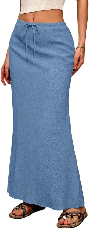 Long Skirts for Women Summer Linen Maxi Skirt Back Slit High Waisted A-Line Skirts Beach Drawstring Flowy Skirts