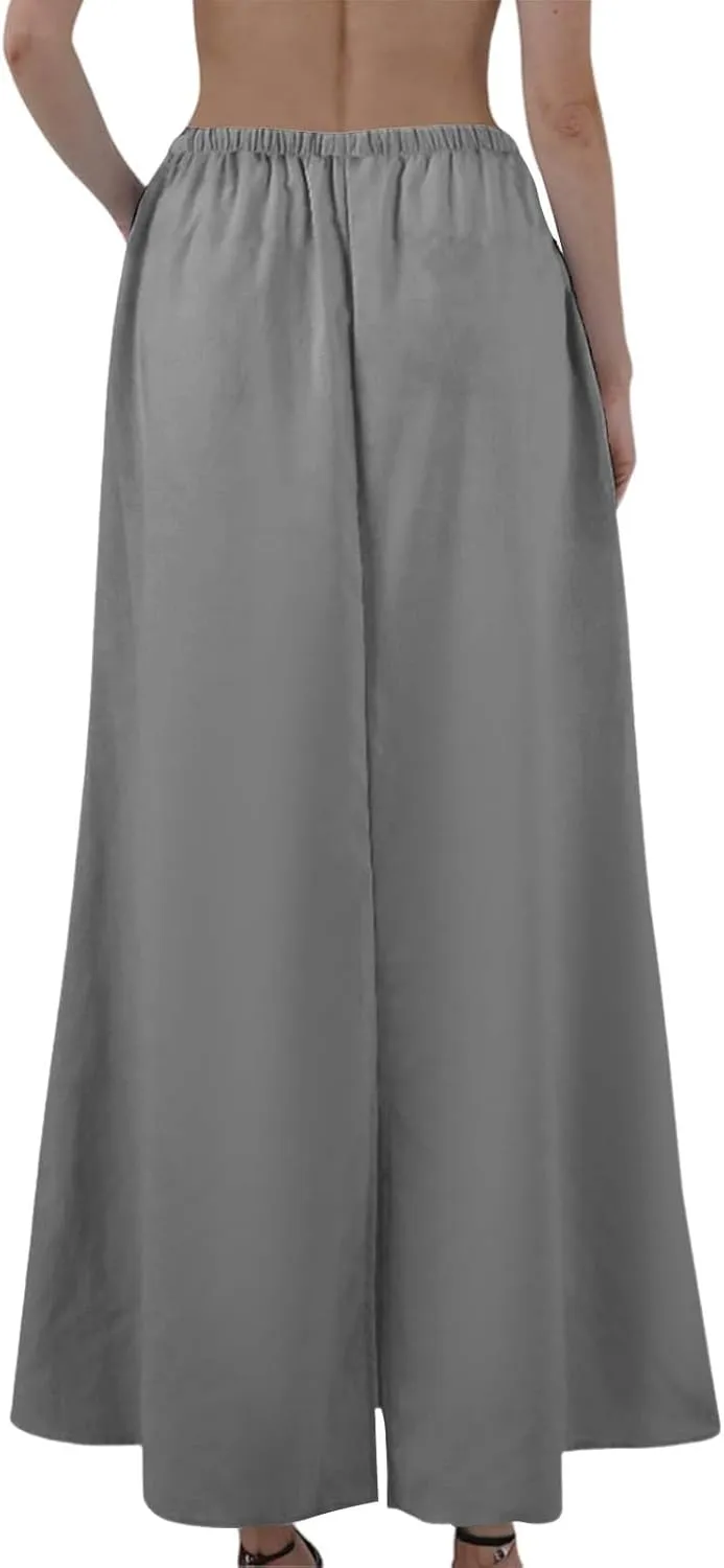 Long Skirts for Women Summer Linen Maxi Skirt Back Slit High Waisted A-Line Skirts Beach Drawstring Flowy Skirts