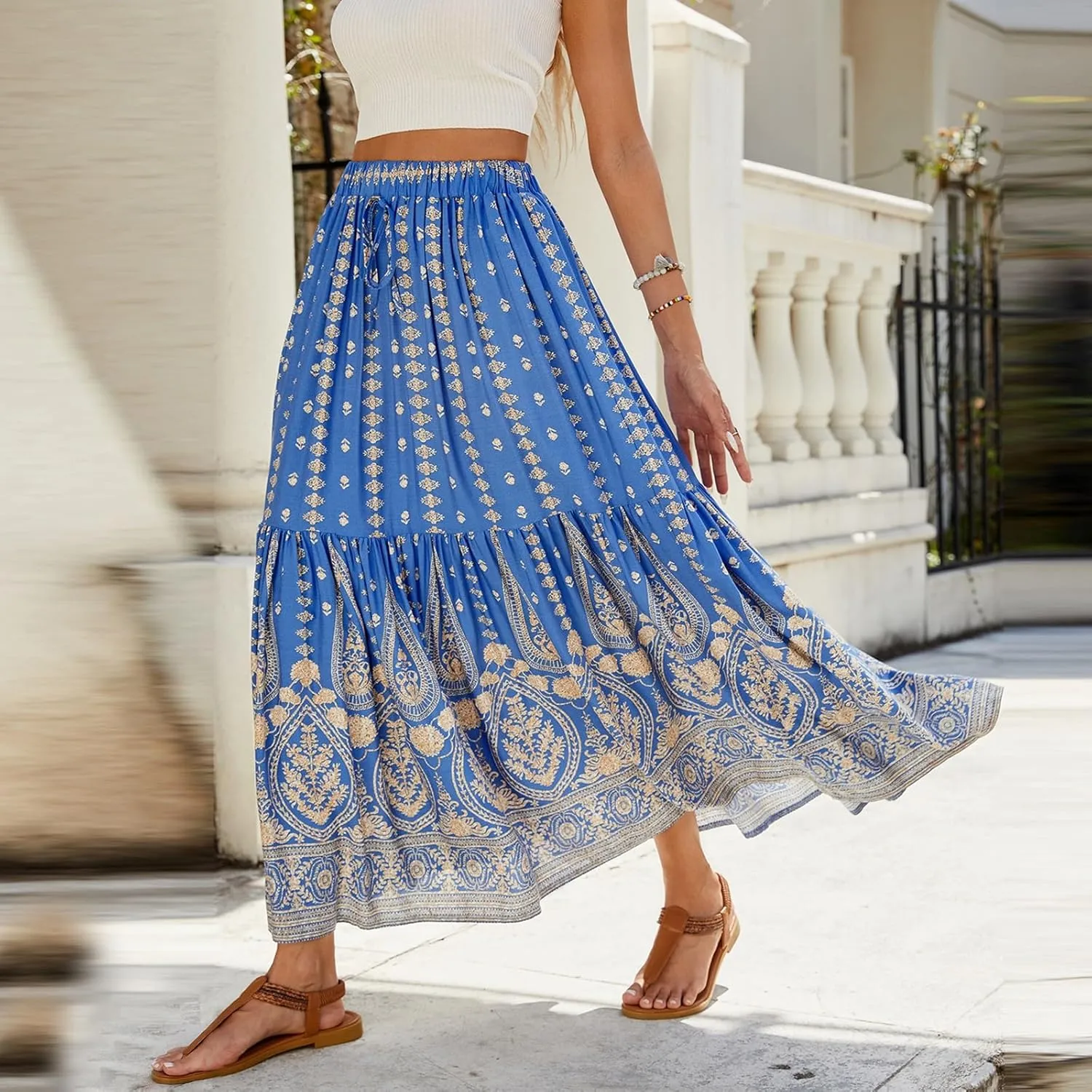 Long Skirts for Women,Wrap Drawstring Tiered Flowy Maxi Skirts 2025 Trendy Side Pockets Boho Skirt Spring Summer