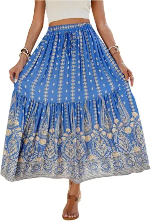Long Skirts for Women,Wrap Drawstring Tiered Flowy Maxi Skirts 2025 Trendy Side Pockets Boho Skirt Spring Summer