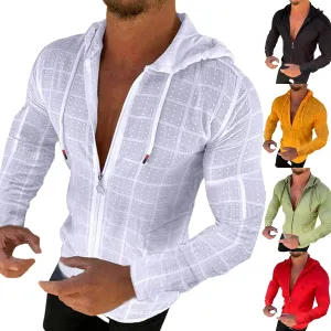Long Sleeve Hoodie Shirts for Men Workout Athletic Tops Casual Zip Up Hoodies Plaid Slim Fit Cardigan Sports Coat