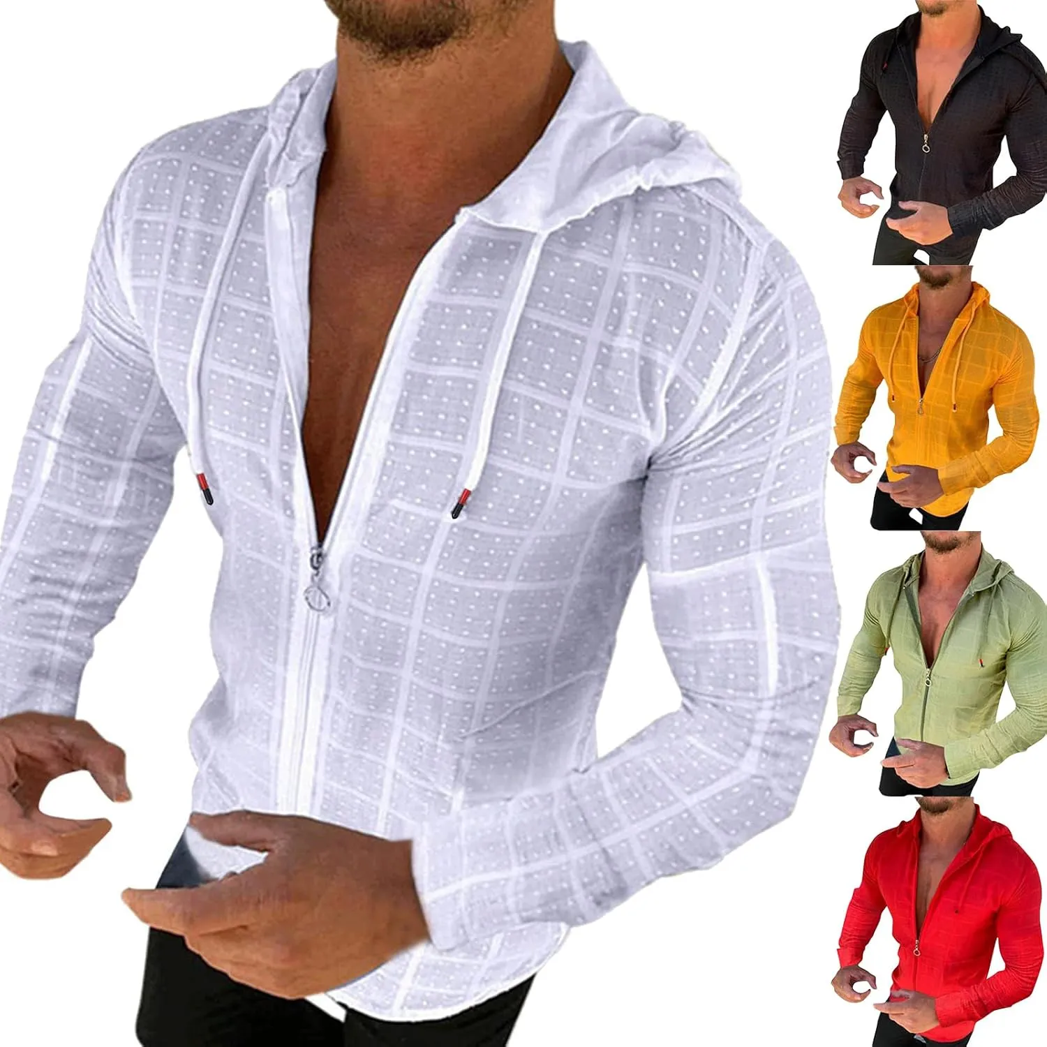 Long Sleeve Hoodie Shirts for Men Workout Athletic Tops Casual Zip Up Hoodies Plaid Slim Fit Cardigan Sports Coat