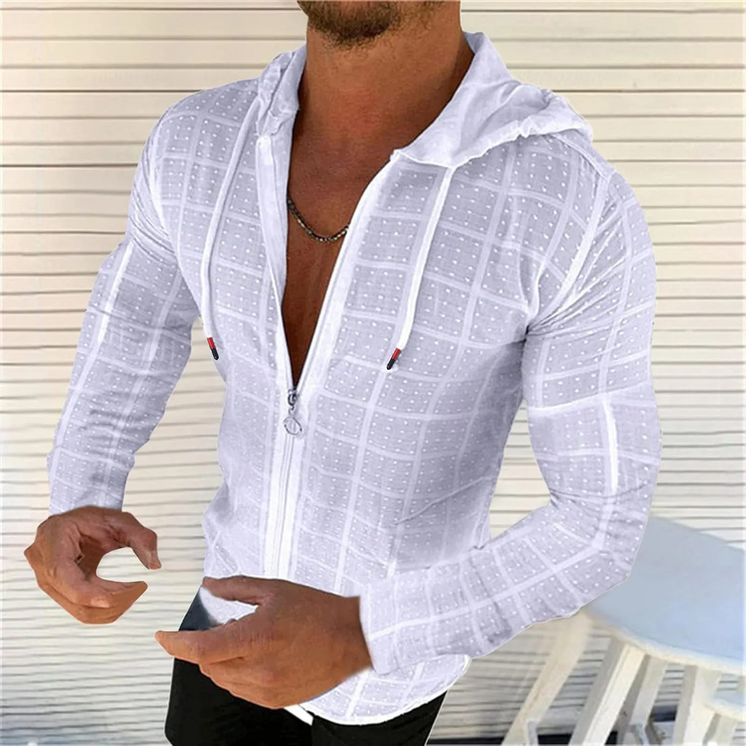 Long Sleeve Hoodie Shirts for Men Workout Athletic Tops Casual Zip Up Hoodies Plaid Slim Fit Cardigan Sports Coat