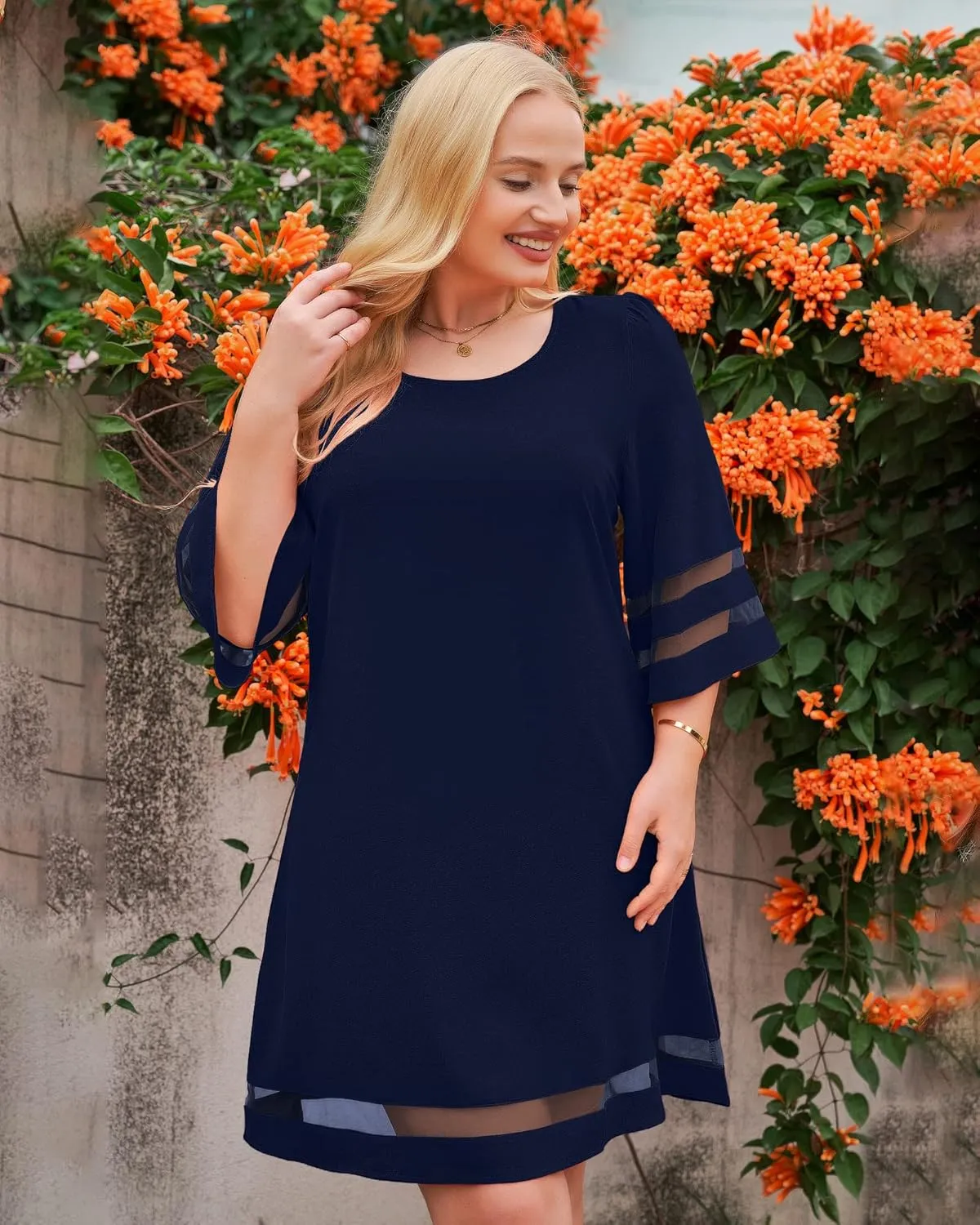 LookbookStore Women Casual Crewneck Mesh Panel 3/4 Bell Sleeve Loose Tunic Dress