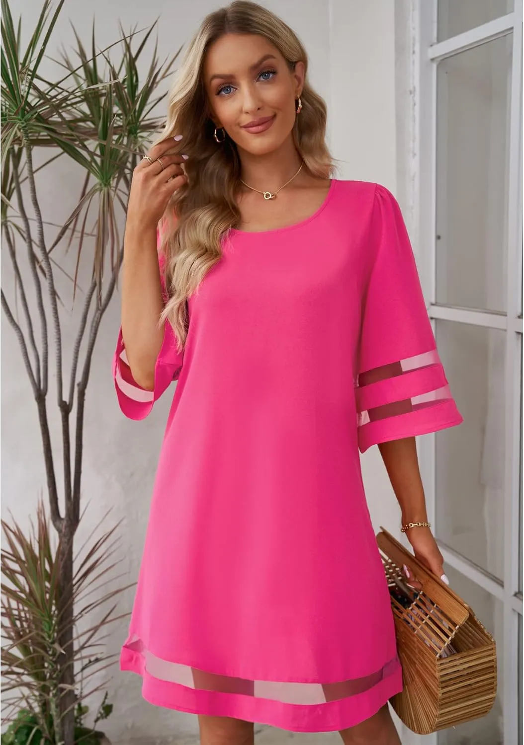 LookbookStore Women Casual Crewneck Mesh Panel 3/4 Bell Sleeve Loose Tunic Dress