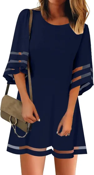 LookbookStore Women Casual Crewneck Mesh Panel 3/4 Bell Sleeve Loose Tunic Dress