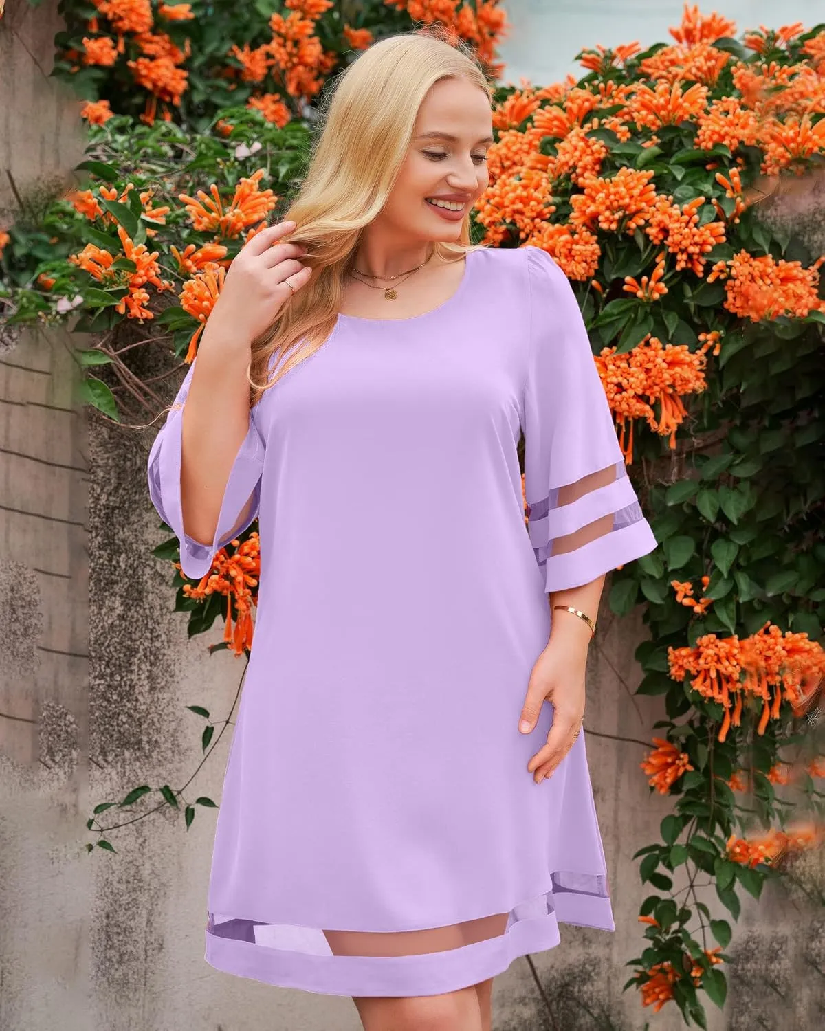 LookbookStore Women Casual Crewneck Mesh Panel 3/4 Bell Sleeve Loose Tunic Dress