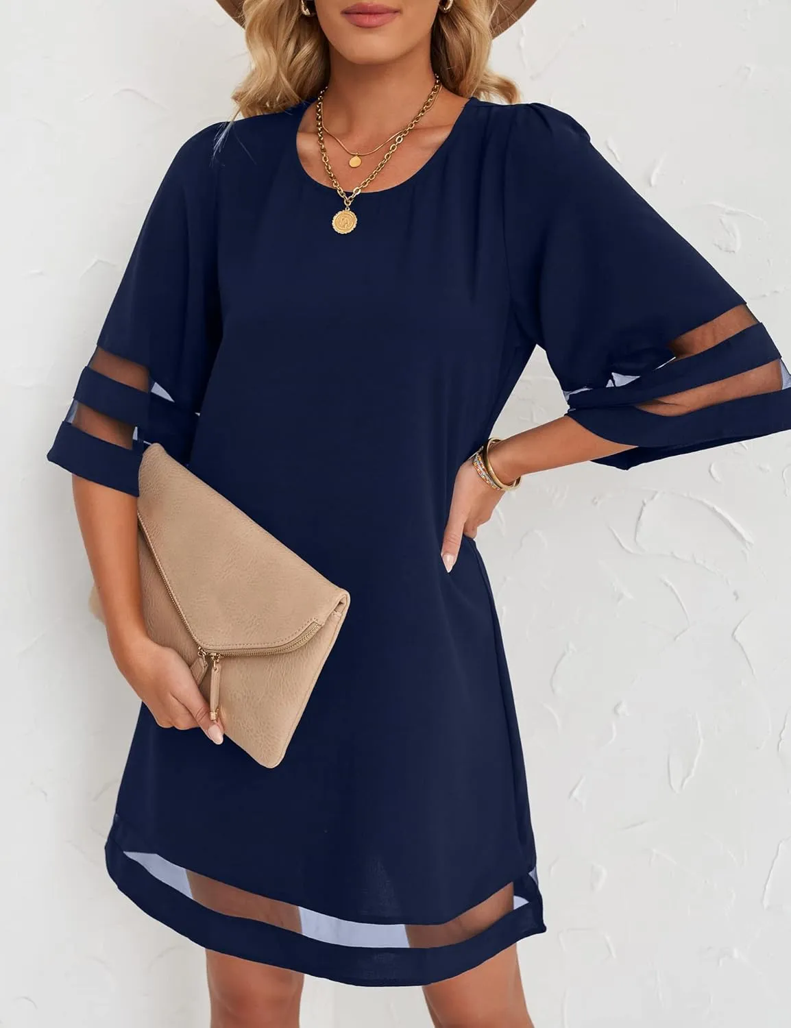 LookbookStore Women Casual Crewneck Mesh Panel 3/4 Bell Sleeve Loose Tunic Dress