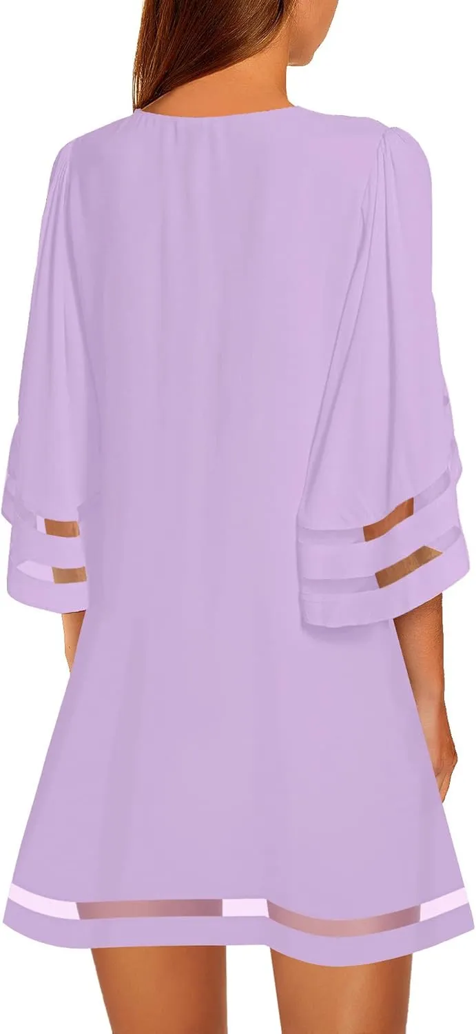 LookbookStore Women Casual Crewneck Mesh Panel 3/4 Bell Sleeve Loose Tunic Dress