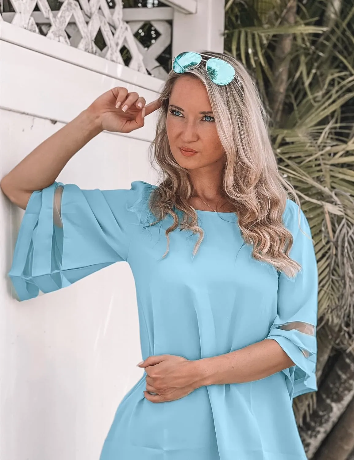 LookbookStore Women Casual Crewneck Mesh Panel 3/4 Bell Sleeve Loose Tunic Dress