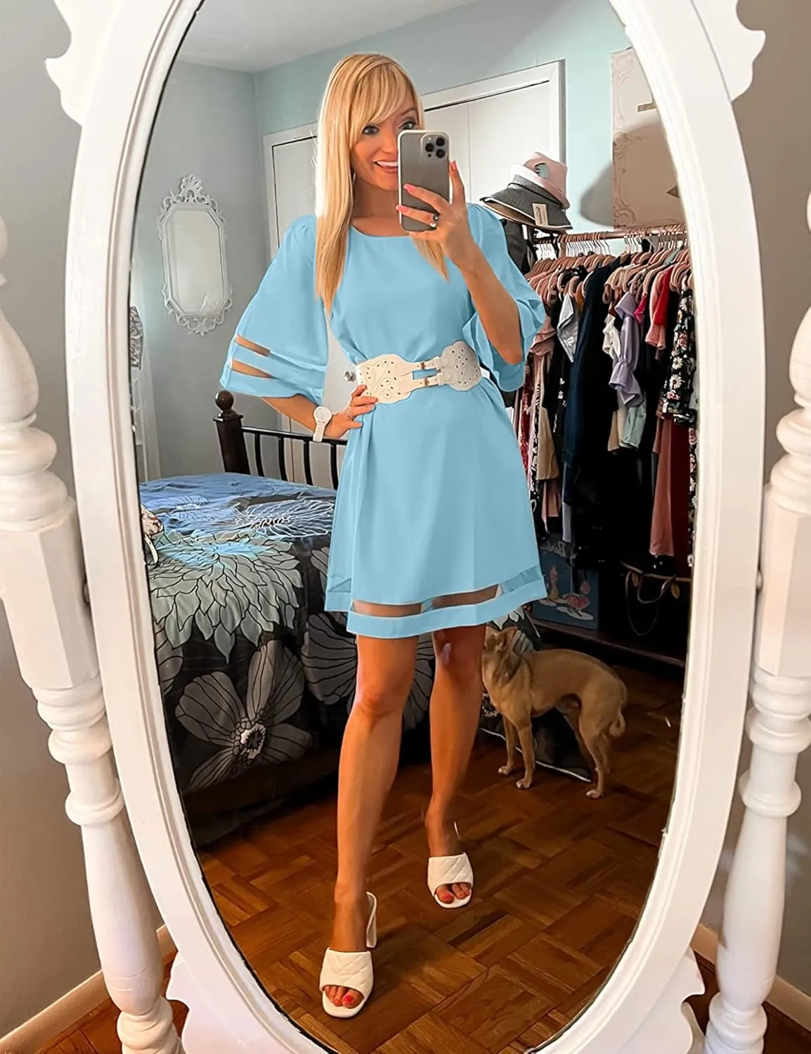 LookbookStore Women Casual Crewneck Mesh Panel 3/4 Bell Sleeve Loose Tunic Dress