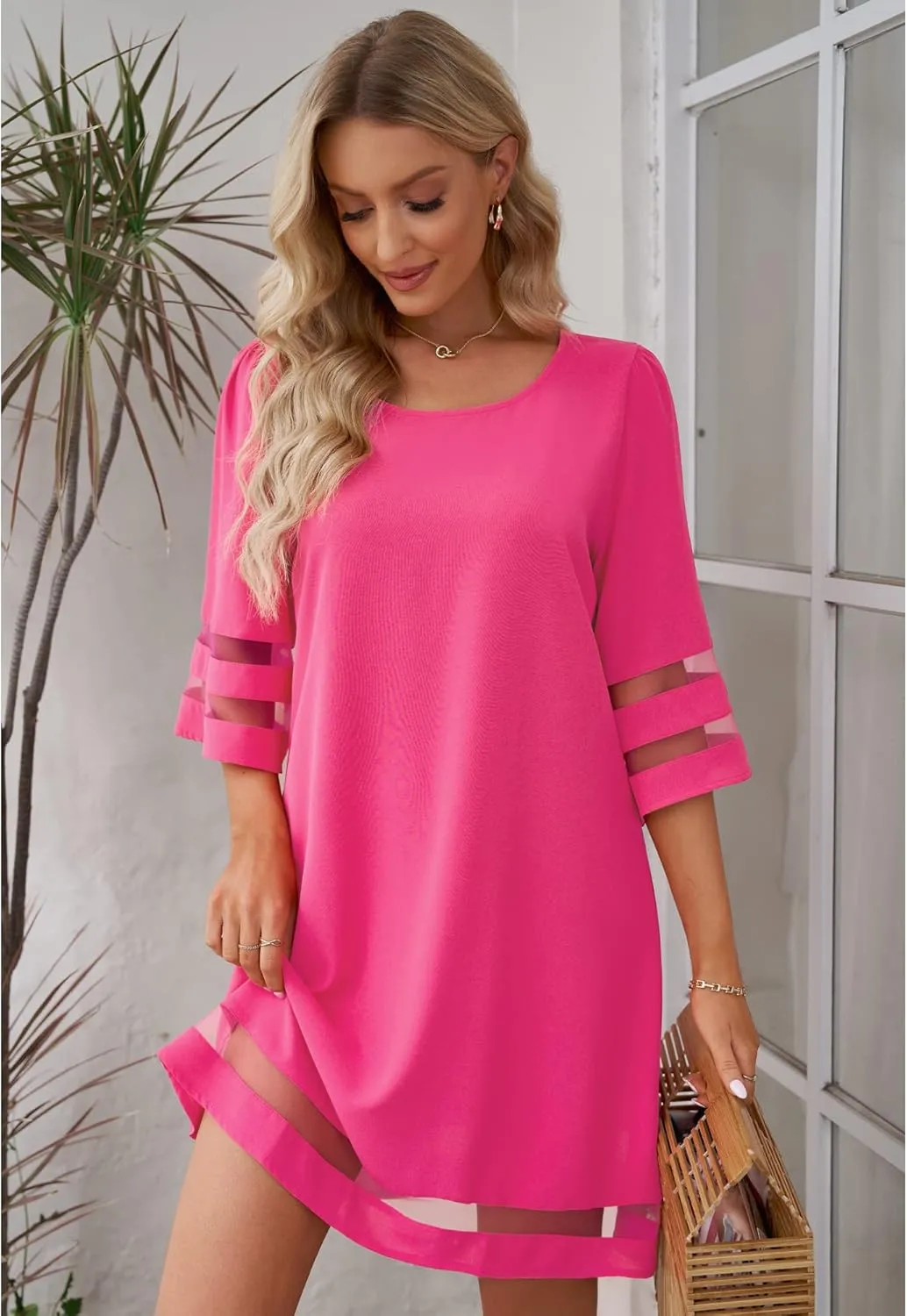 LookbookStore Women Casual Crewneck Mesh Panel 3/4 Bell Sleeve Loose Tunic Dress