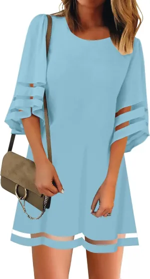 LookbookStore Women Casual Crewneck Mesh Panel 3/4 Bell Sleeve Loose Tunic Dress