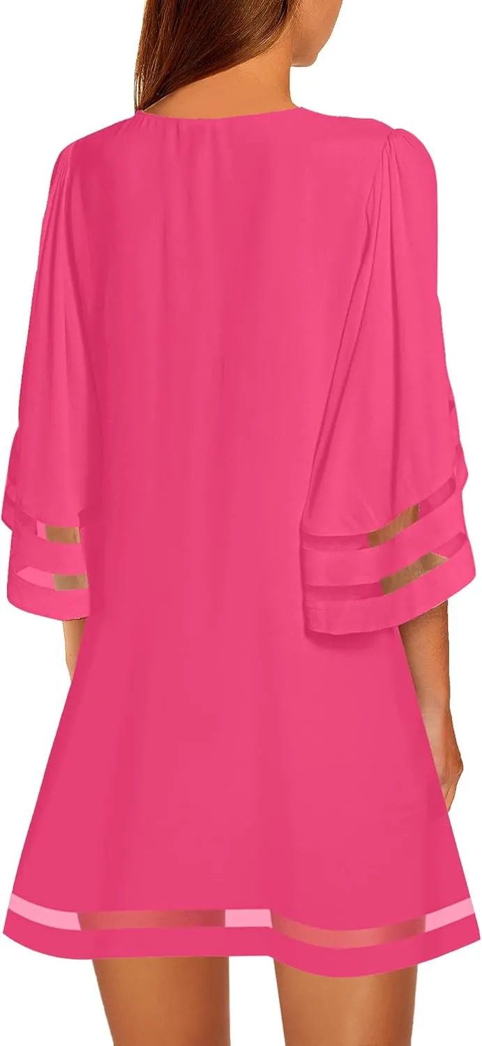 LookbookStore Women Casual Crewneck Mesh Panel 3/4 Bell Sleeve Loose Tunic Dress