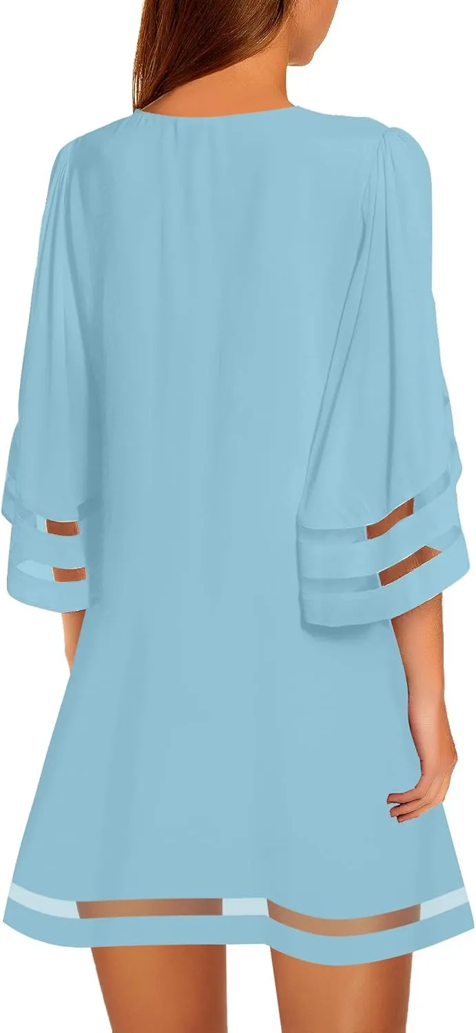 LookbookStore Women Casual Crewneck Mesh Panel 3/4 Bell Sleeve Loose Tunic Dress