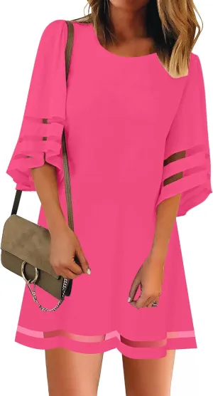 LookbookStore Women Casual Crewneck Mesh Panel 3/4 Bell Sleeve Loose Tunic Dress