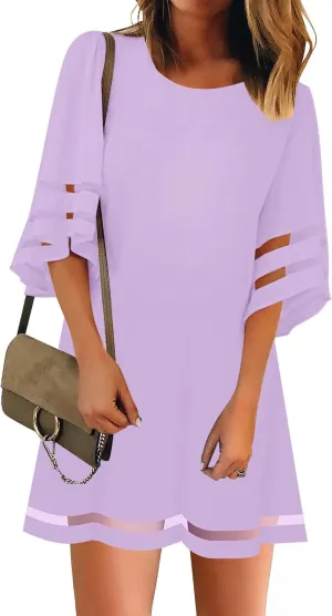 LookbookStore Women Casual Crewneck Mesh Panel 3/4 Bell Sleeve Loose Tunic Dress
