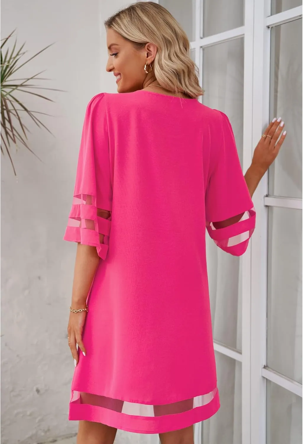 LookbookStore Women Casual Crewneck Mesh Panel 3/4 Bell Sleeve Loose Tunic Dress