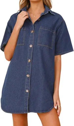 loveimgs Women Summer Casual Short Sleeve Denim Shirt Dress Shift Y2k Button Down Distressed Jean Mini Dress Oversized