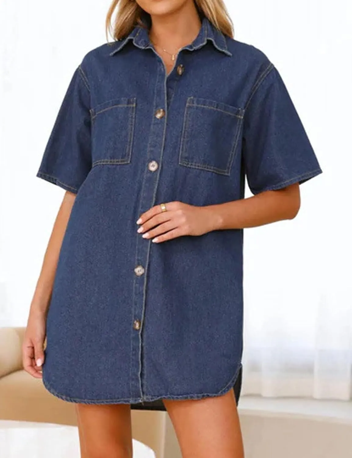 loveimgs Women Summer Casual Short Sleeve Denim Shirt Dress Shift Y2k Button Down Distressed Jean Mini Dress Oversized