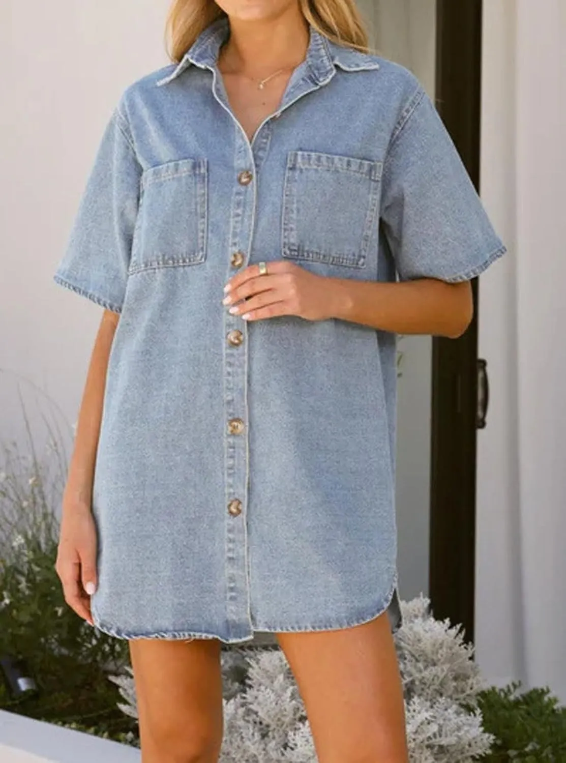 loveimgs Women Summer Casual Short Sleeve Denim Shirt Dress Shift Y2k Button Down Distressed Jean Mini Dress Oversized