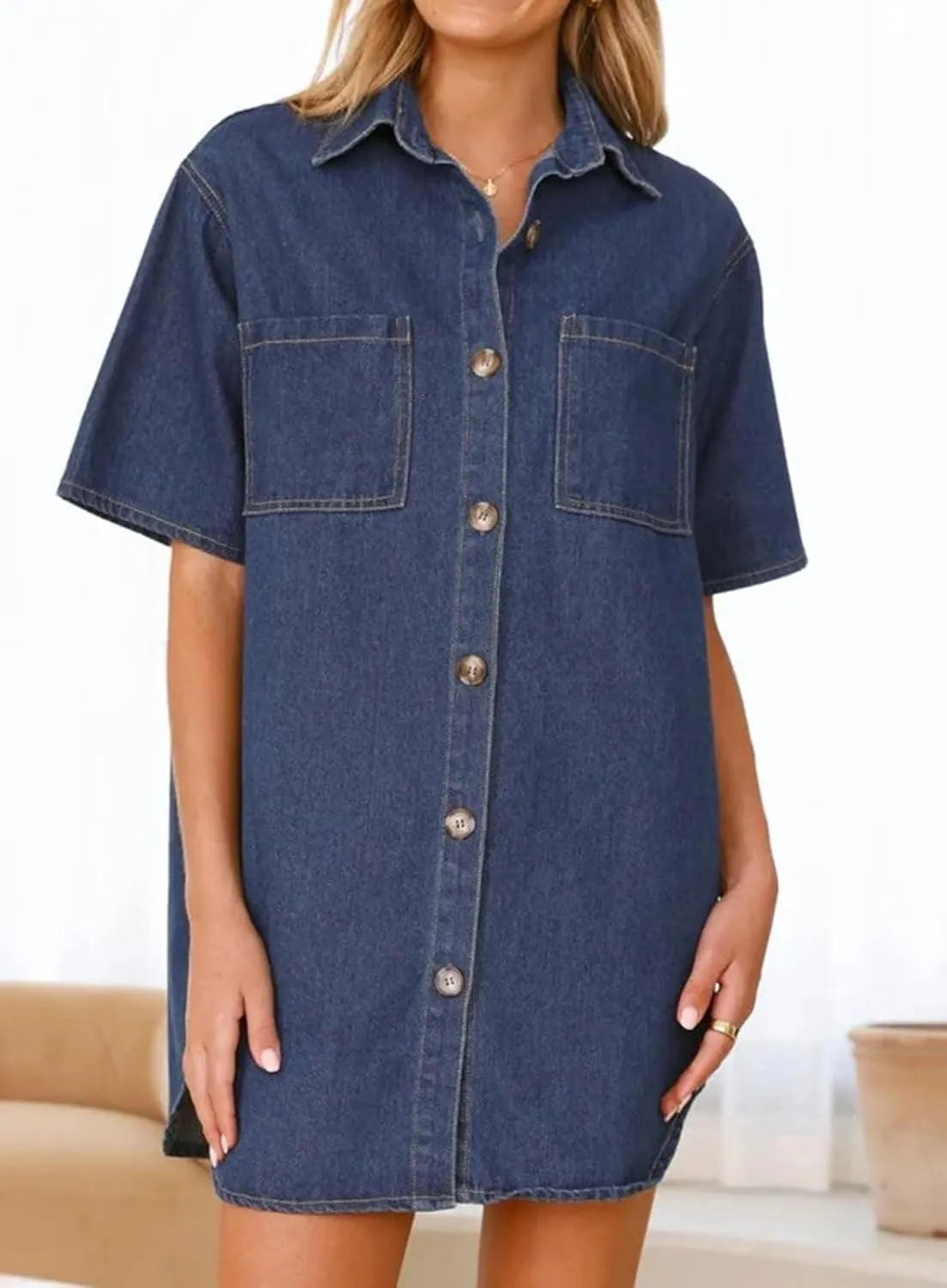 loveimgs Women Summer Casual Short Sleeve Denim Shirt Dress Shift Y2k Button Down Distressed Jean Mini Dress Oversized