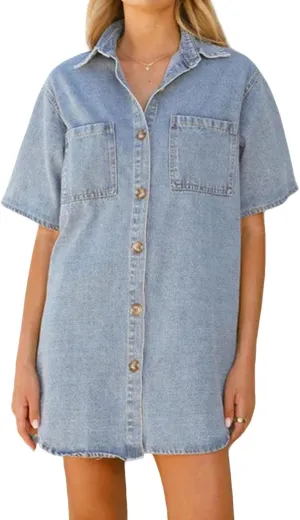 loveimgs Women Summer Casual Short Sleeve Denim Shirt Dress Shift Y2k Button Down Distressed Jean Mini Dress Oversized