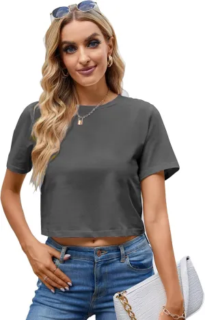LOVFEE Womens Basic Short Sleeve Loose Crop T-Shirts Sexy Plain Crop Tops