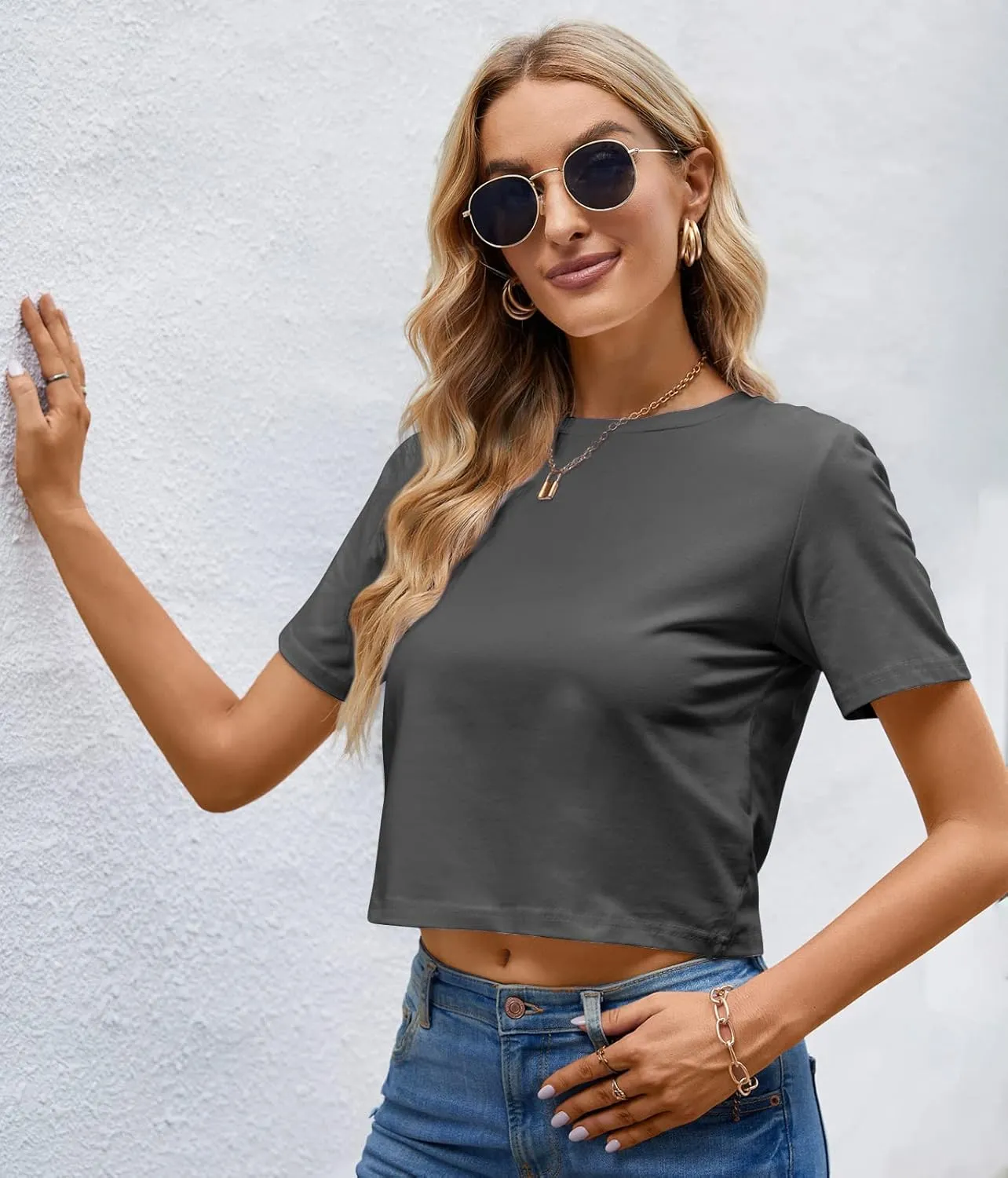 LOVFEE Womens Basic Short Sleeve Loose Crop T-Shirts Sexy Plain Crop Tops
