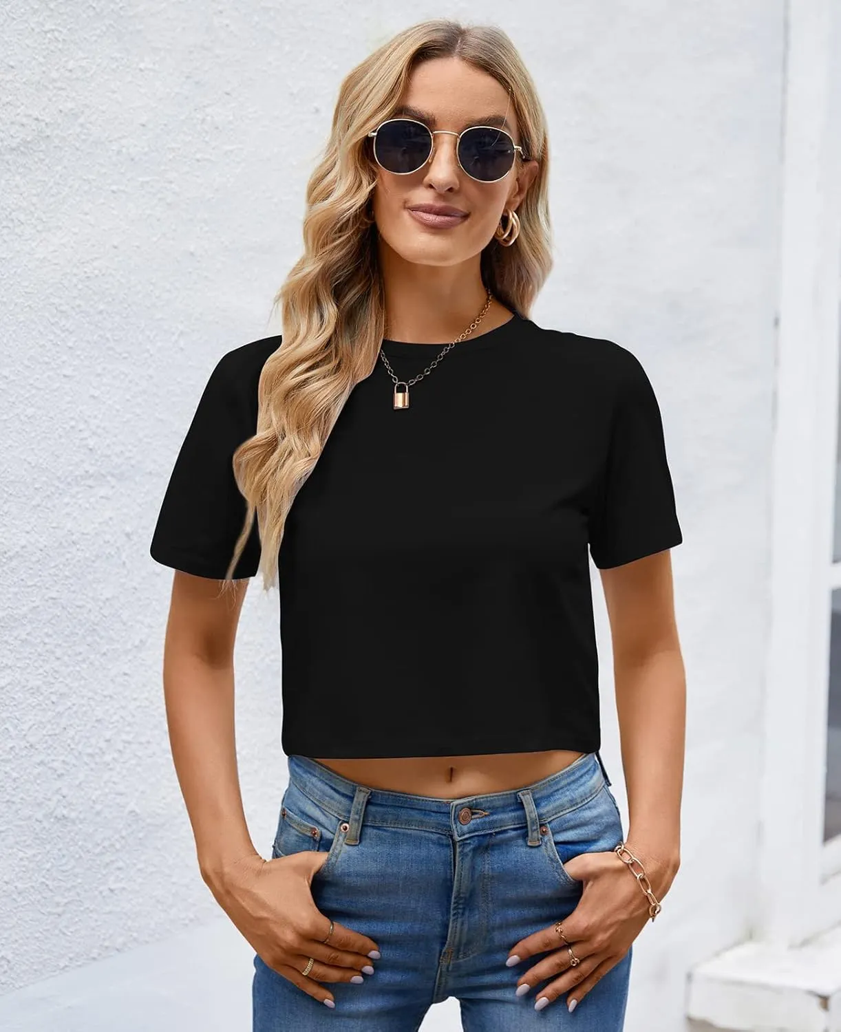LOVFEE Womens Basic Short Sleeve Loose Crop T-Shirts Sexy Plain Crop Tops