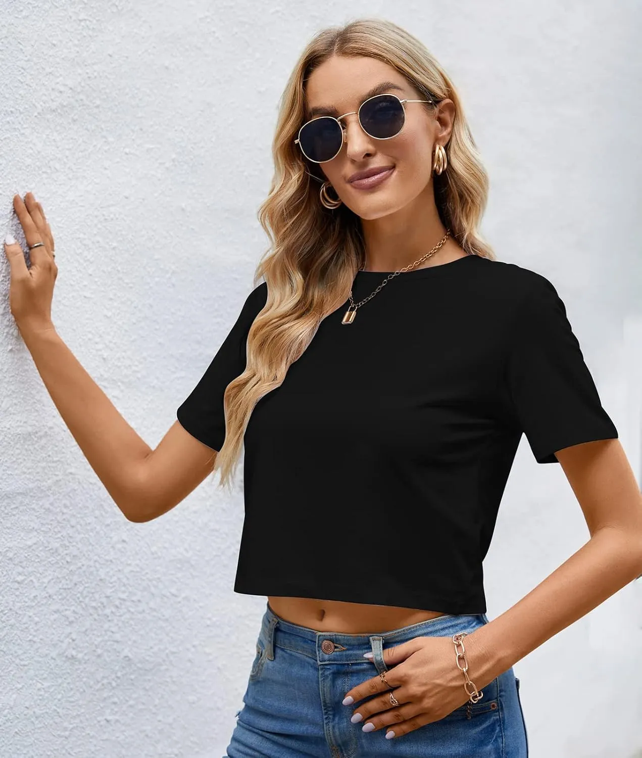 LOVFEE Womens Basic Short Sleeve Loose Crop T-Shirts Sexy Plain Crop Tops