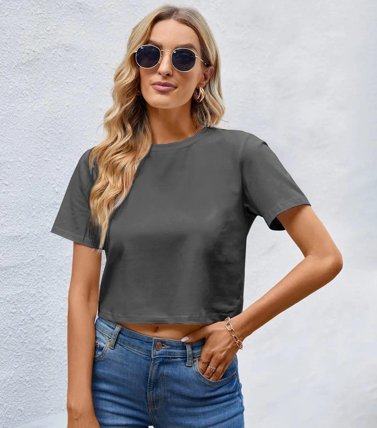LOVFEE Womens Basic Short Sleeve Loose Crop T-Shirts Sexy Plain Crop Tops