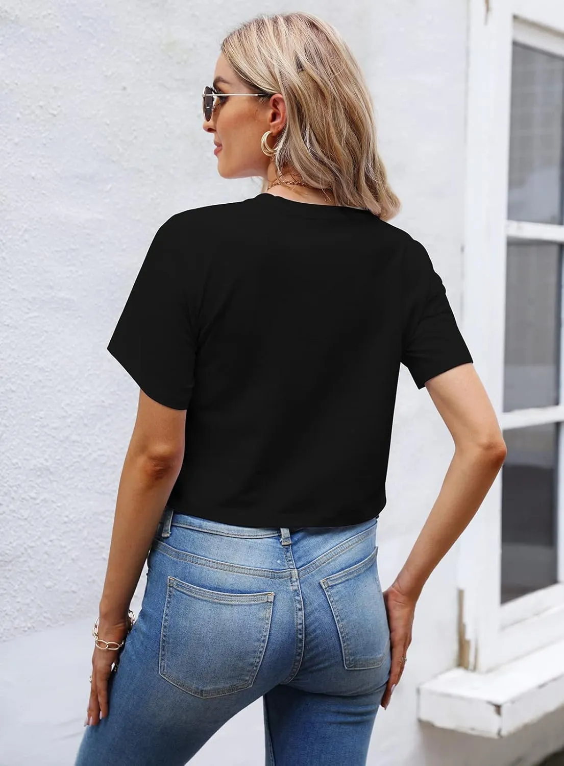 LOVFEE Womens Basic Short Sleeve Loose Crop T-Shirts Sexy Plain Crop Tops