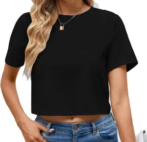 LOVFEE Womens Basic Short Sleeve Loose Crop T-Shirts Sexy Plain Crop Tops