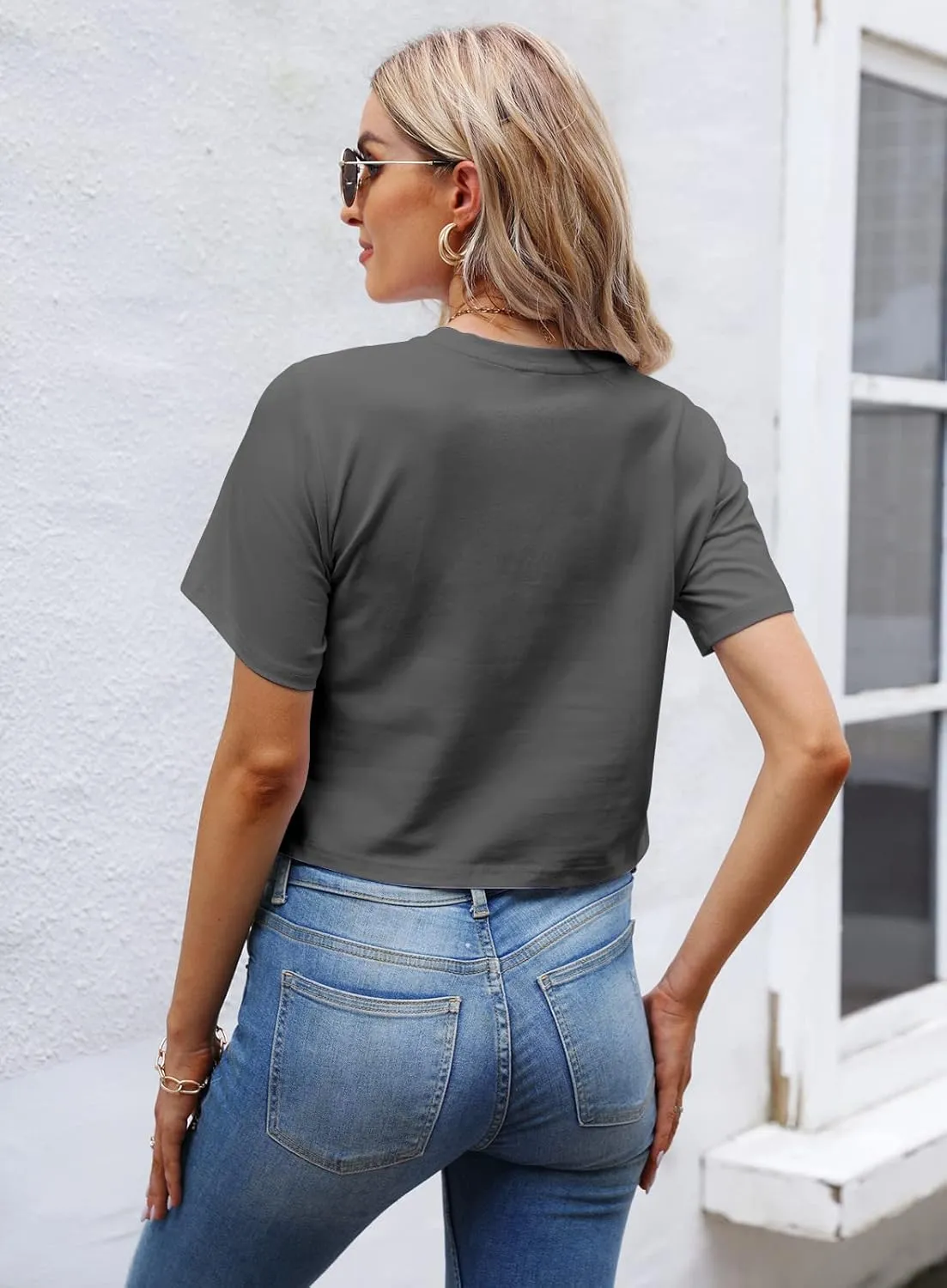 LOVFEE Womens Basic Short Sleeve Loose Crop T-Shirts Sexy Plain Crop Tops