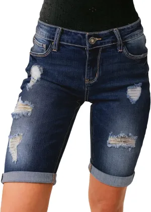 luvamia Women High Waisted Stretch Bermuda Shorts Ripped Rolled Hem Jean Shorts