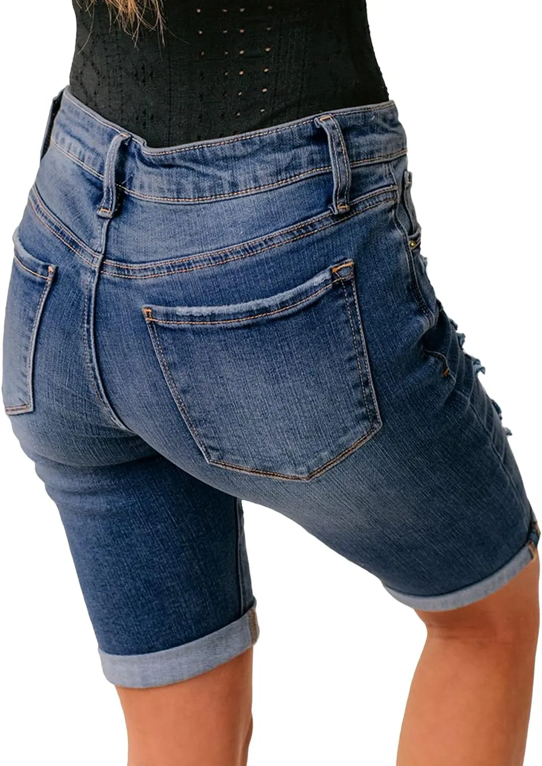 luvamia Women High Waisted Stretch Bermuda Shorts Ripped Rolled Hem Jean Shorts