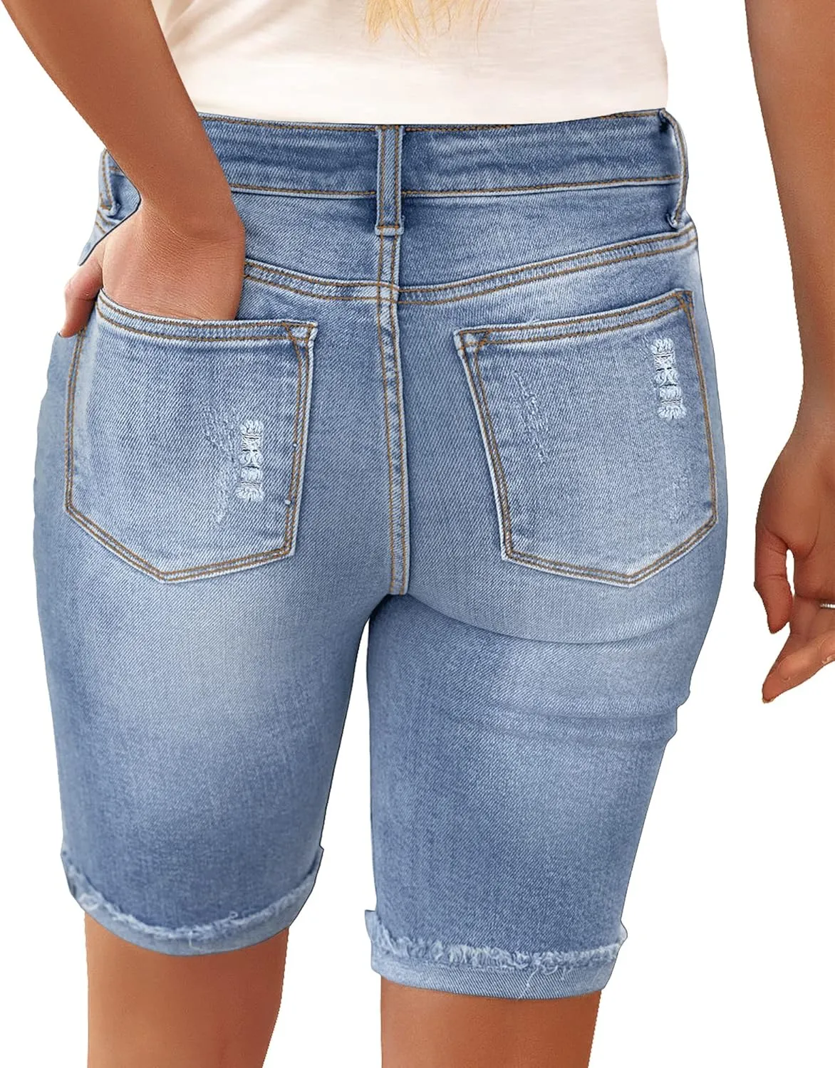 luvamia Women High Waisted Stretch Bermuda Shorts Ripped Rolled Hem Jean Shorts