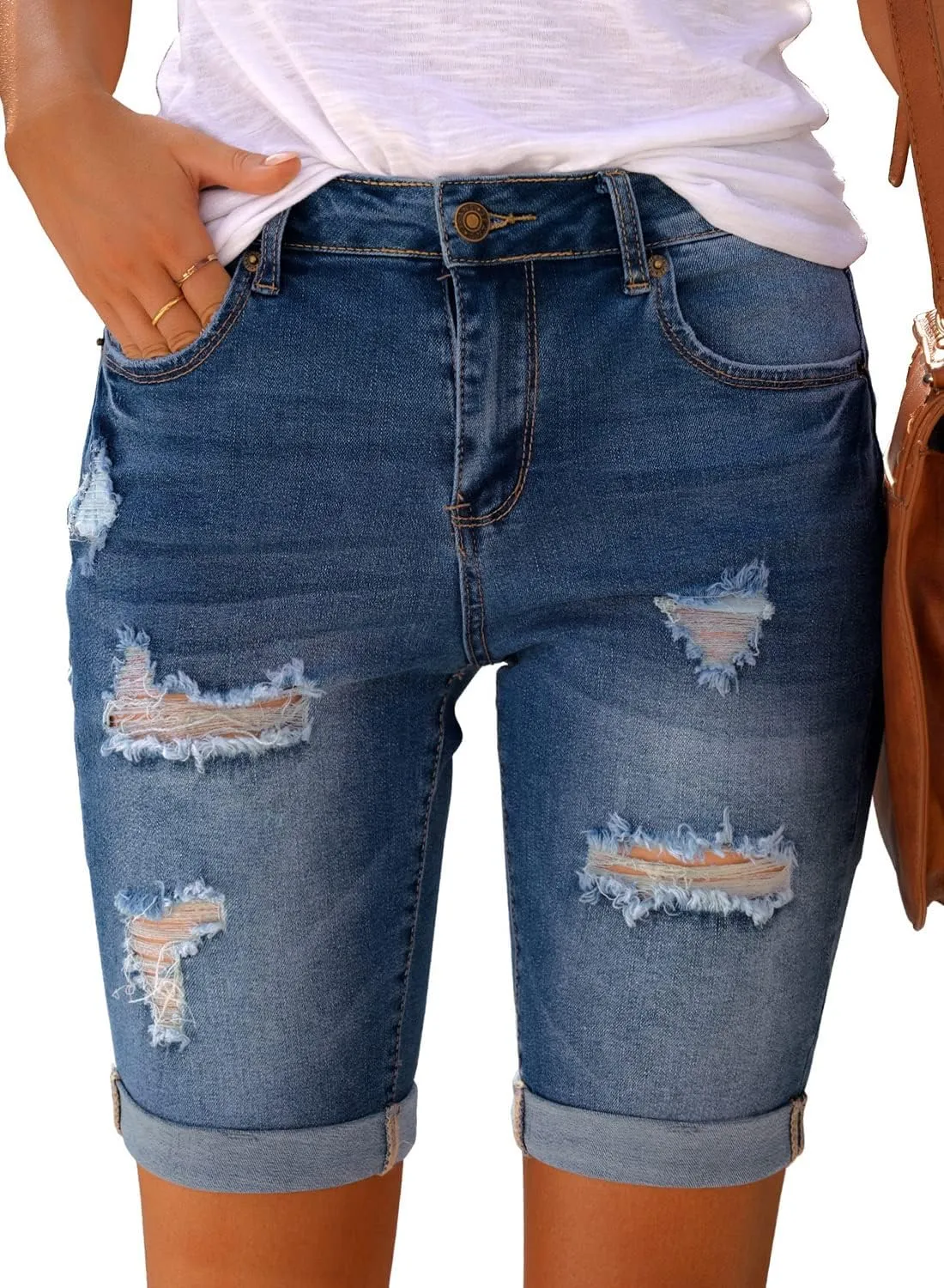 luvamia Women High Waisted Stretch Bermuda Shorts Ripped Rolled Hem Jean Shorts