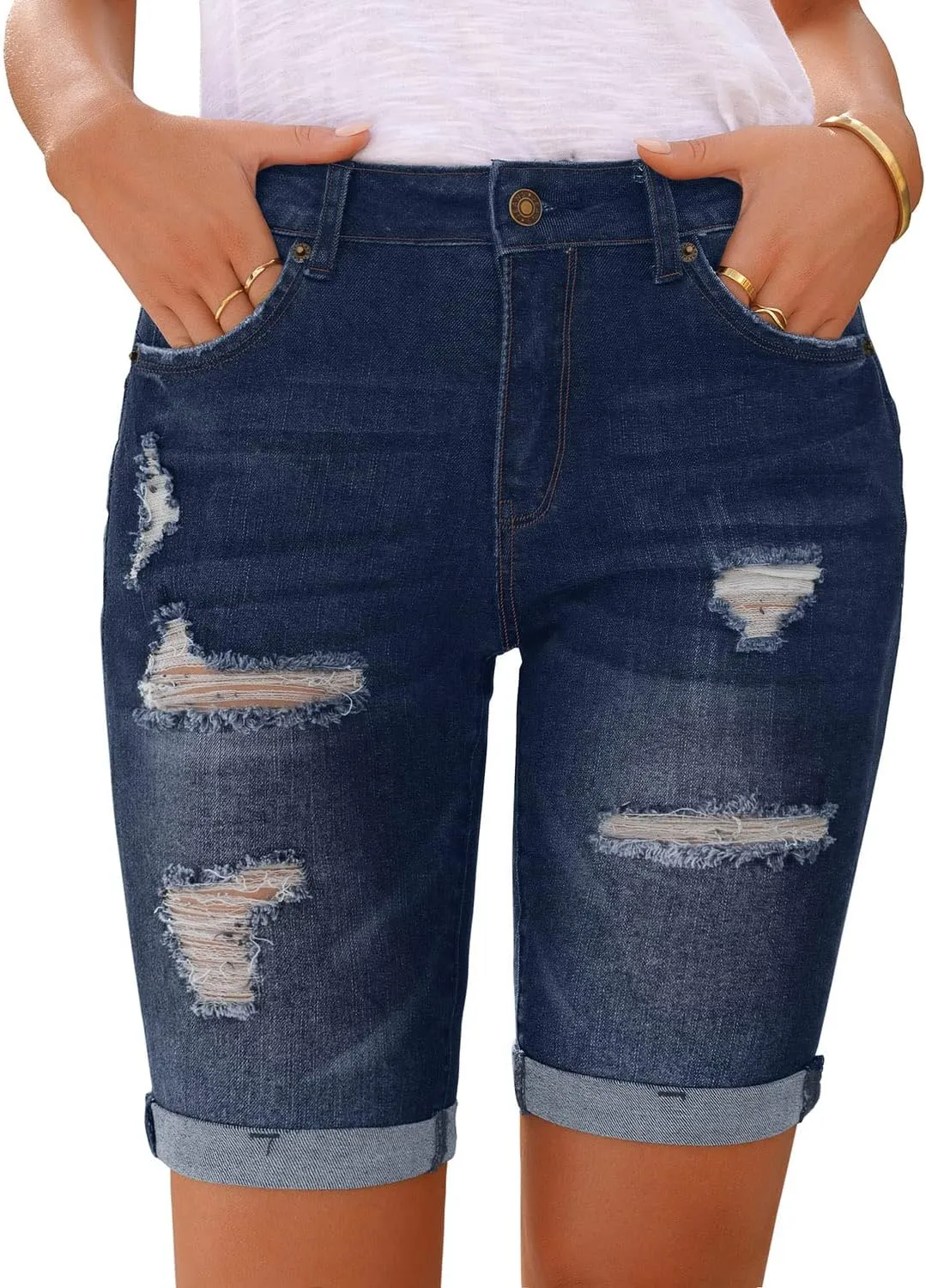 luvamia Women High Waisted Stretch Bermuda Shorts Ripped Rolled Hem Jean Shorts