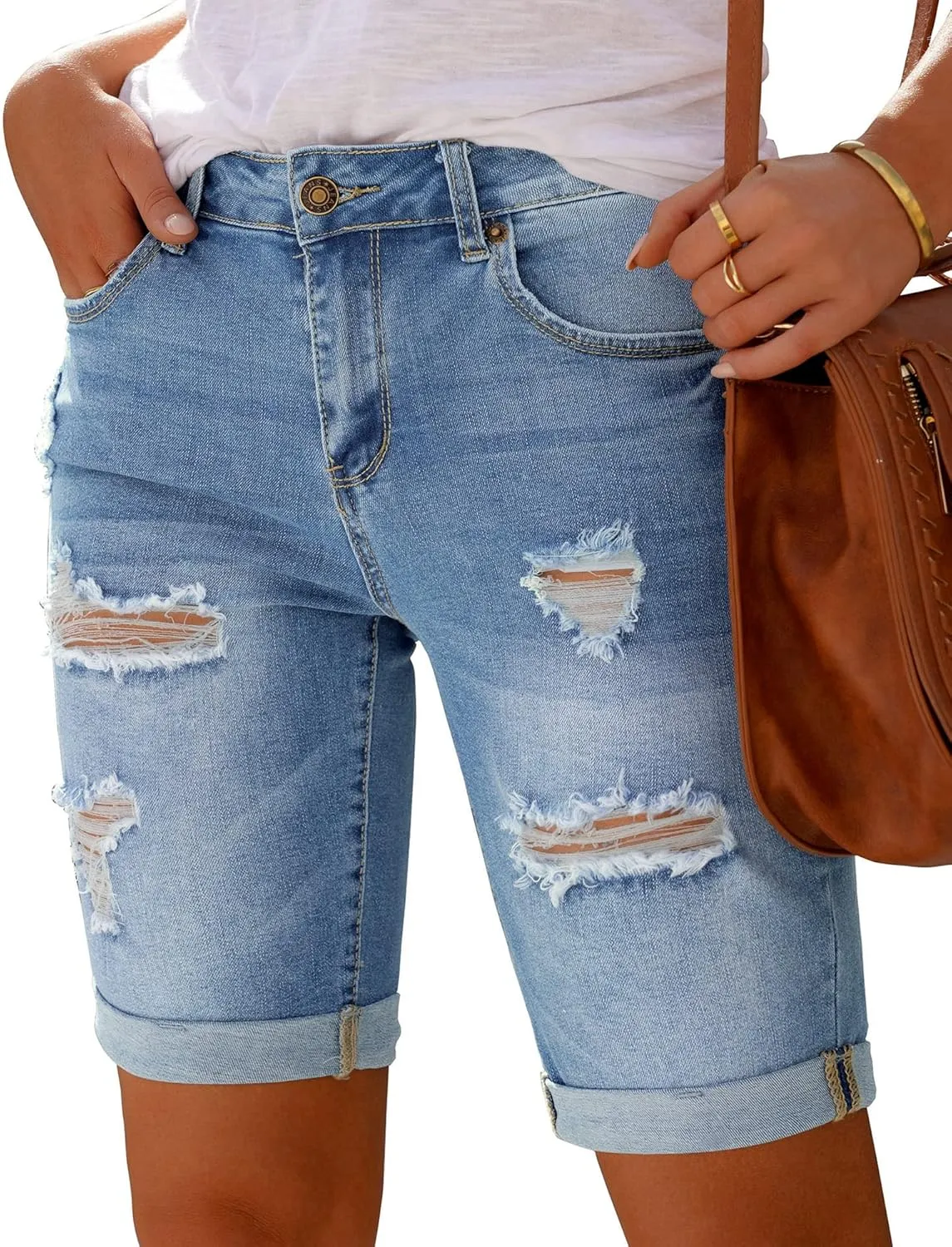 luvamia Women High Waisted Stretch Bermuda Shorts Ripped Rolled Hem Jean Shorts