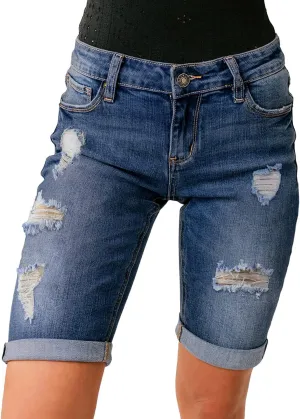 luvamia Women High Waisted Stretch Bermuda Shorts Ripped Rolled Hem Jean Shorts