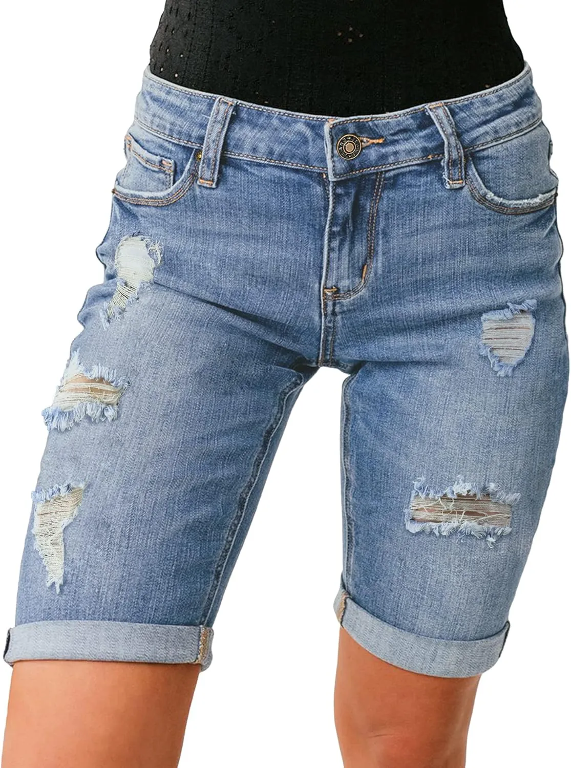luvamia Women High Waisted Stretch Bermuda Shorts Ripped Rolled Hem Jean Shorts