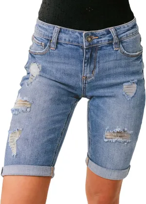 luvamia Women High Waisted Stretch Bermuda Shorts Ripped Rolled Hem Jean Shorts